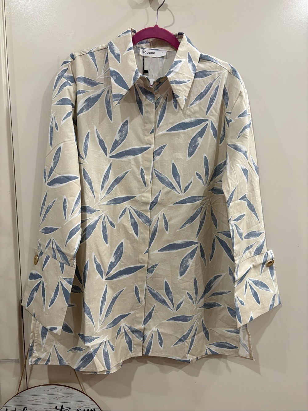 TOUCHE Woman’s Beige Button-Down Shirt with Blue Leaf Print